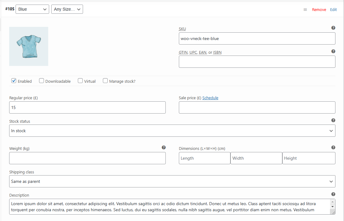 Configure each variation