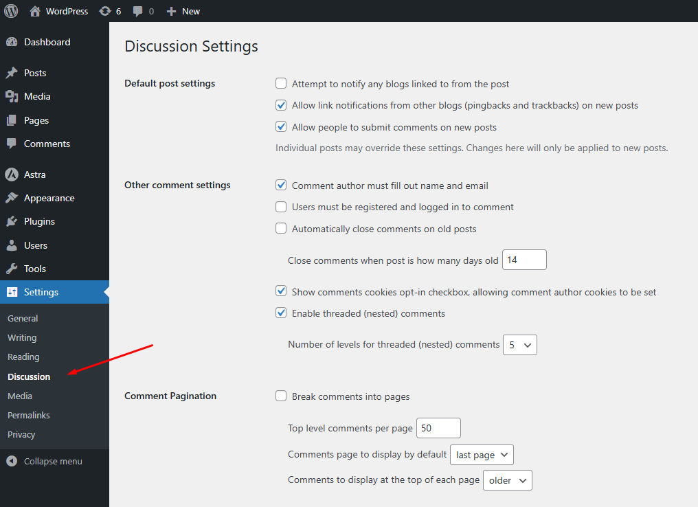 Discussion Settings Page